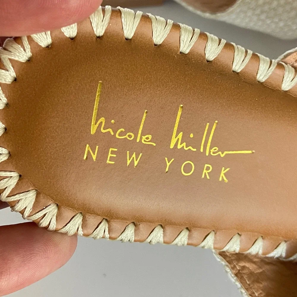 Nicole Miller New York Colie Cream Woven Crisscross Whipstitch Slide Sandals 7